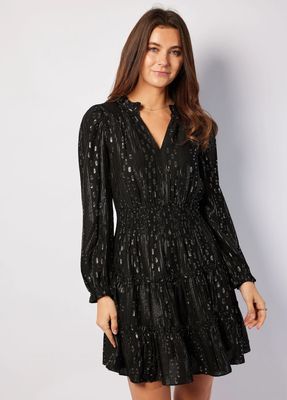 Sail to Sable Smocked Waist Dress Lurex Clip Dot Black/Gold