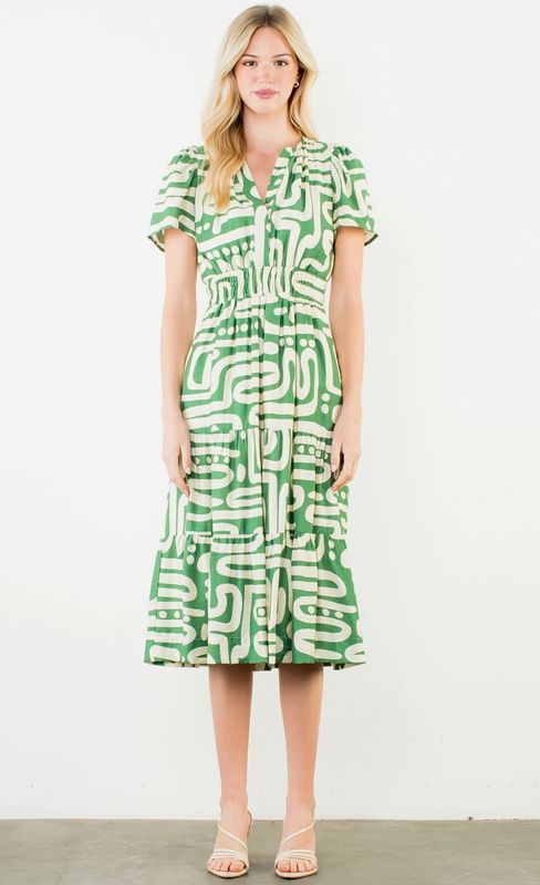 THML Short Sleeve Green Pattern Midi Dress