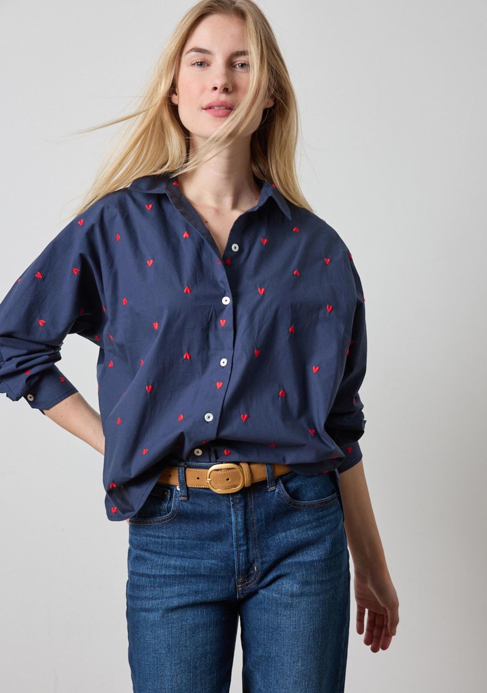 Lilla P Embroidered Hearts Button Down - Navy