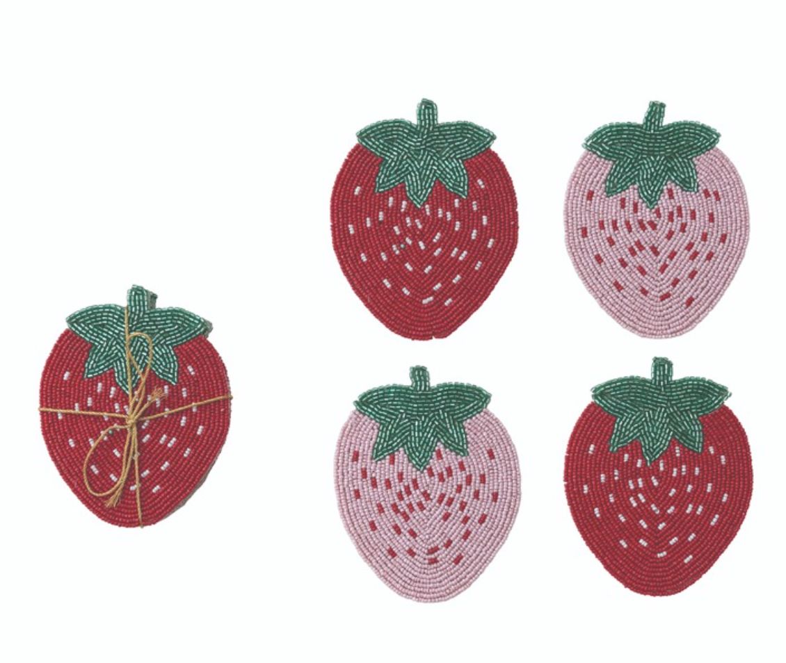 Hazel Mazel Glass Beaded Cotton Strawberry Coasters Set 4