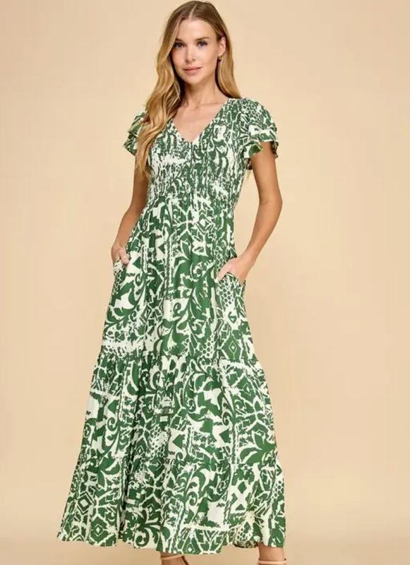 TCEC Leaf Print V Neckline Smocked Bodice Midi Dress