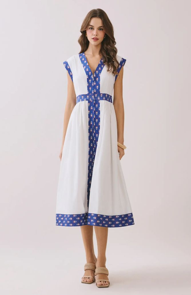 TCEC Contrast Printed Trim Detail V Neck Midi Dress