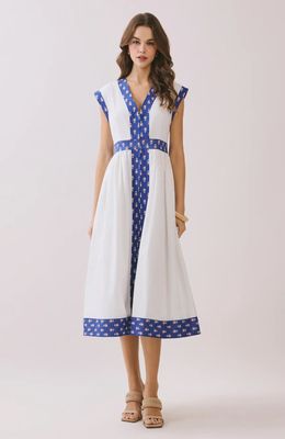 TCEC Contrast Printed Trim Detail V Neck Midi Dress