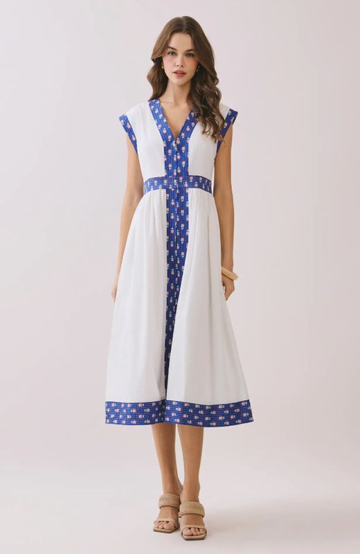 TCEC Contrast Printed Trim Detail V Neck Midi Dress