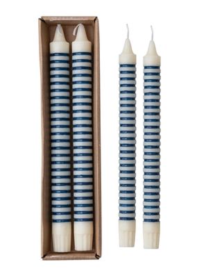 10"H Horizontal Stripe Taper Candle, Blue - Set 2
