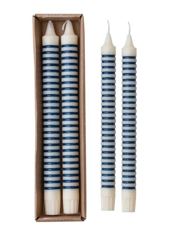 10"H Horizontal Stripe Taper Candle, Blue - Set 2