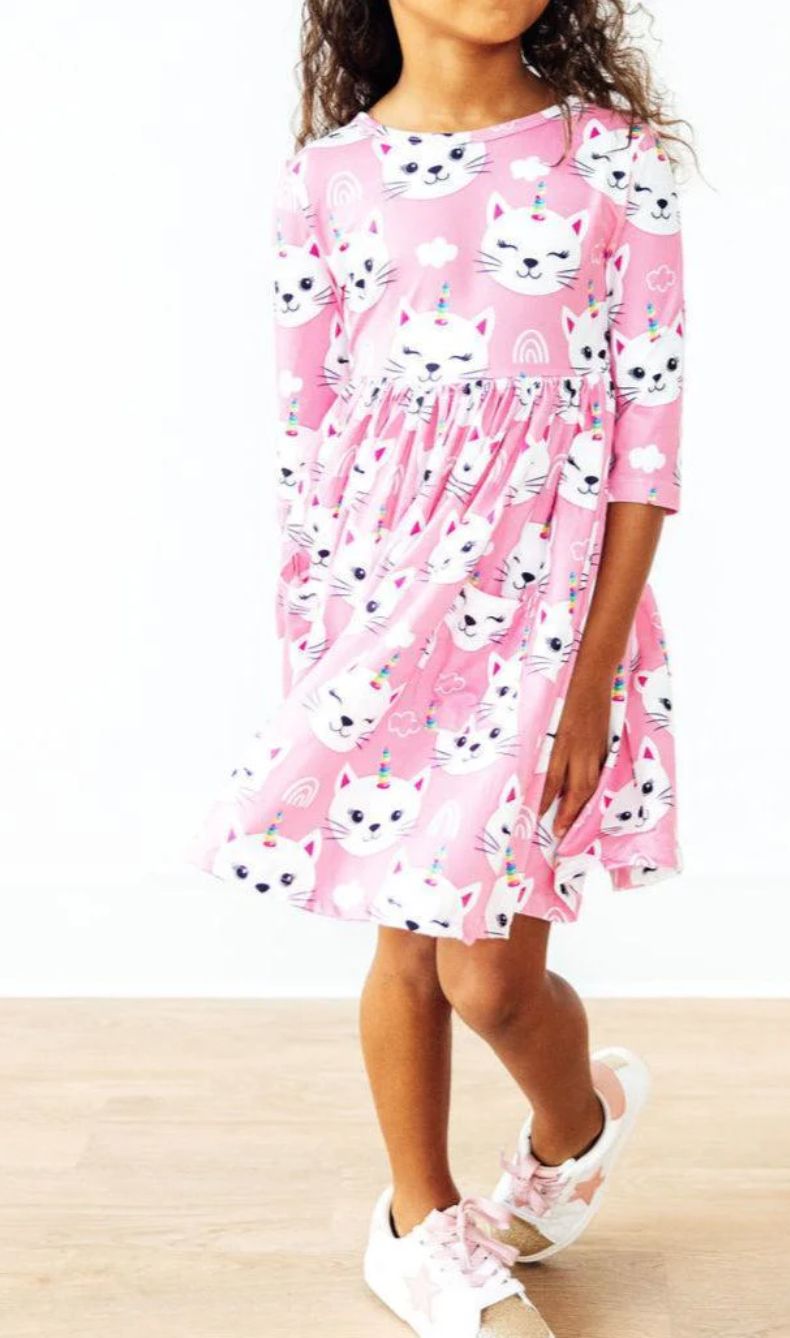 Mila & Rose Unicorn Kitties 3/4 Sleeve Pocket Twirl Dress Mila & Rose Unicorn Kitties 3/4 Sleeve Pocket Twirl Dress