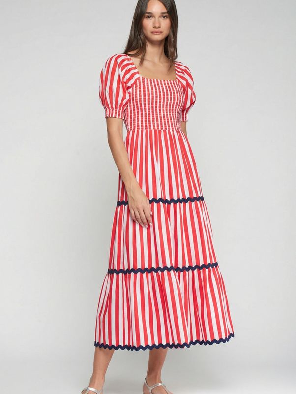 Vilagallo Red Stripe Dress w/ Smocking