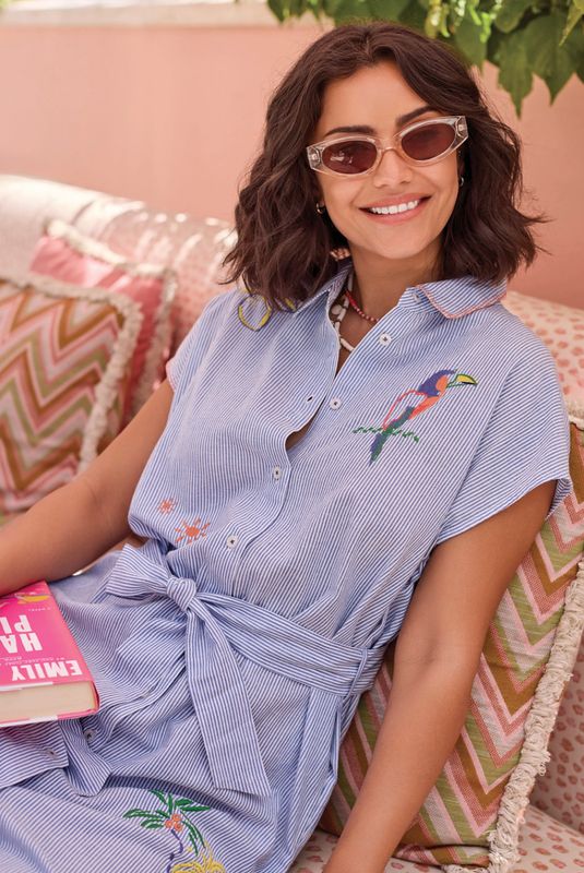 Tribal Embroidered Shirt Dress Baja Blue