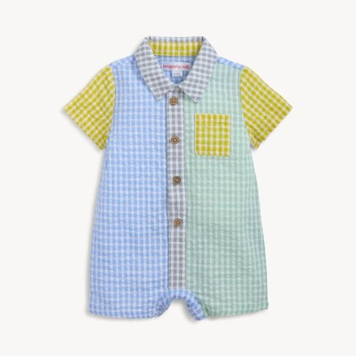 Magnetic Multi Gingham Collar Short Romper, Size: 0-3M