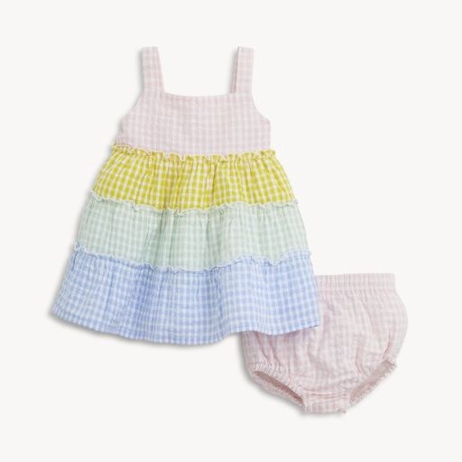 Magnetic Multi Gingham Tiered Baby Dress w/ Bloomer, Size: 0-3M