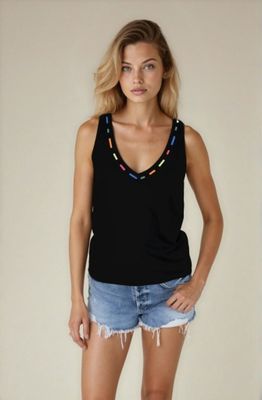 CHRLDR Embroidered Aliya Perfect Sleeveless V Neck Black