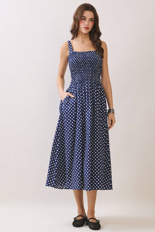 TCEC Polka Dot Smocked Bodice Square Neck Midi Dress Navy
