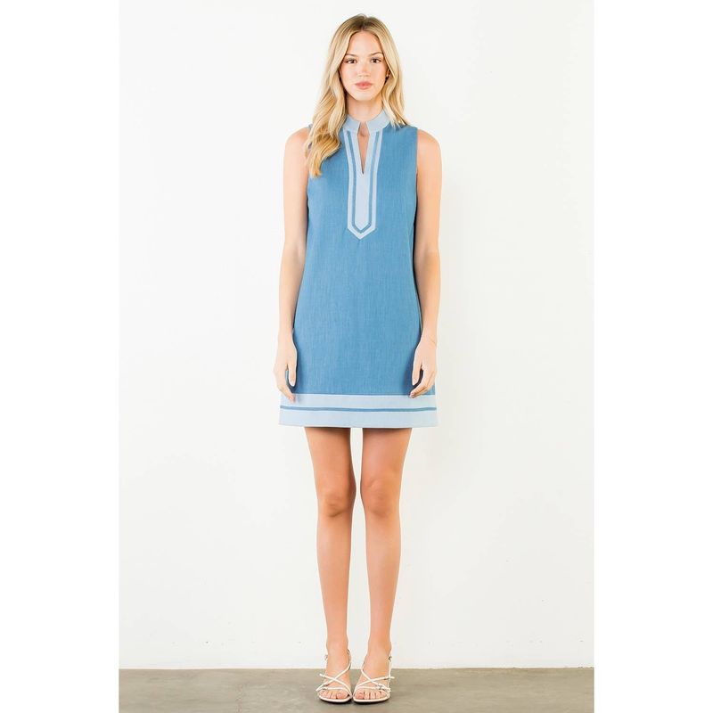 THML Split Neck Contrast Trim Denim Dress