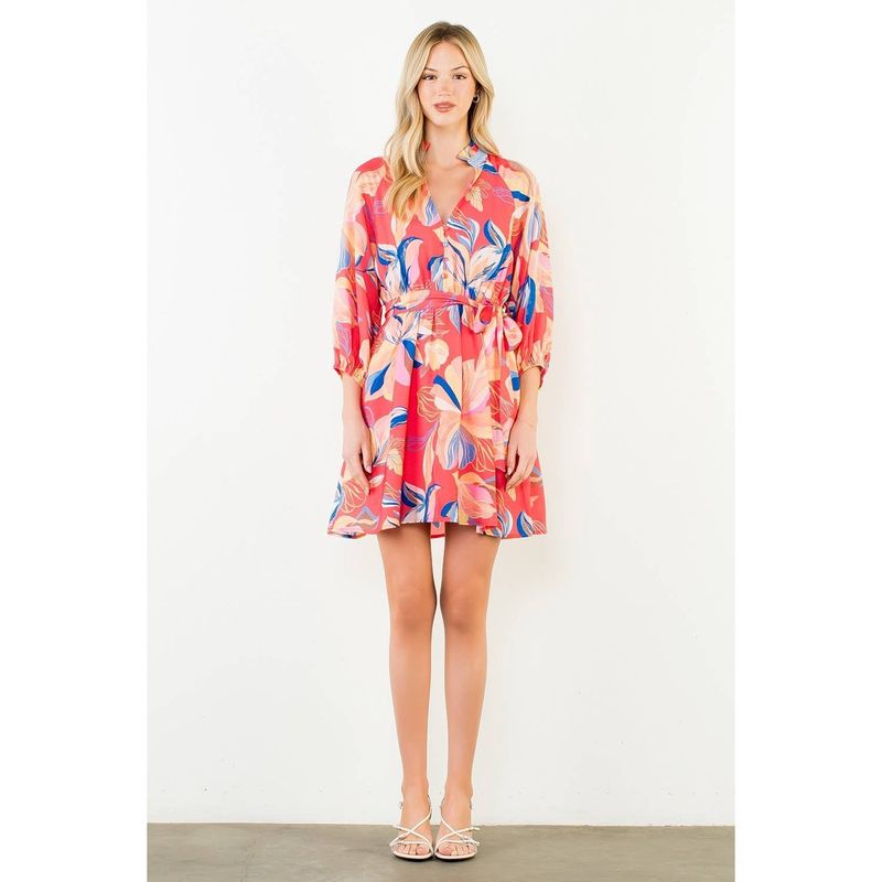 THML Floral Pattern Button Down V-Neck Dress