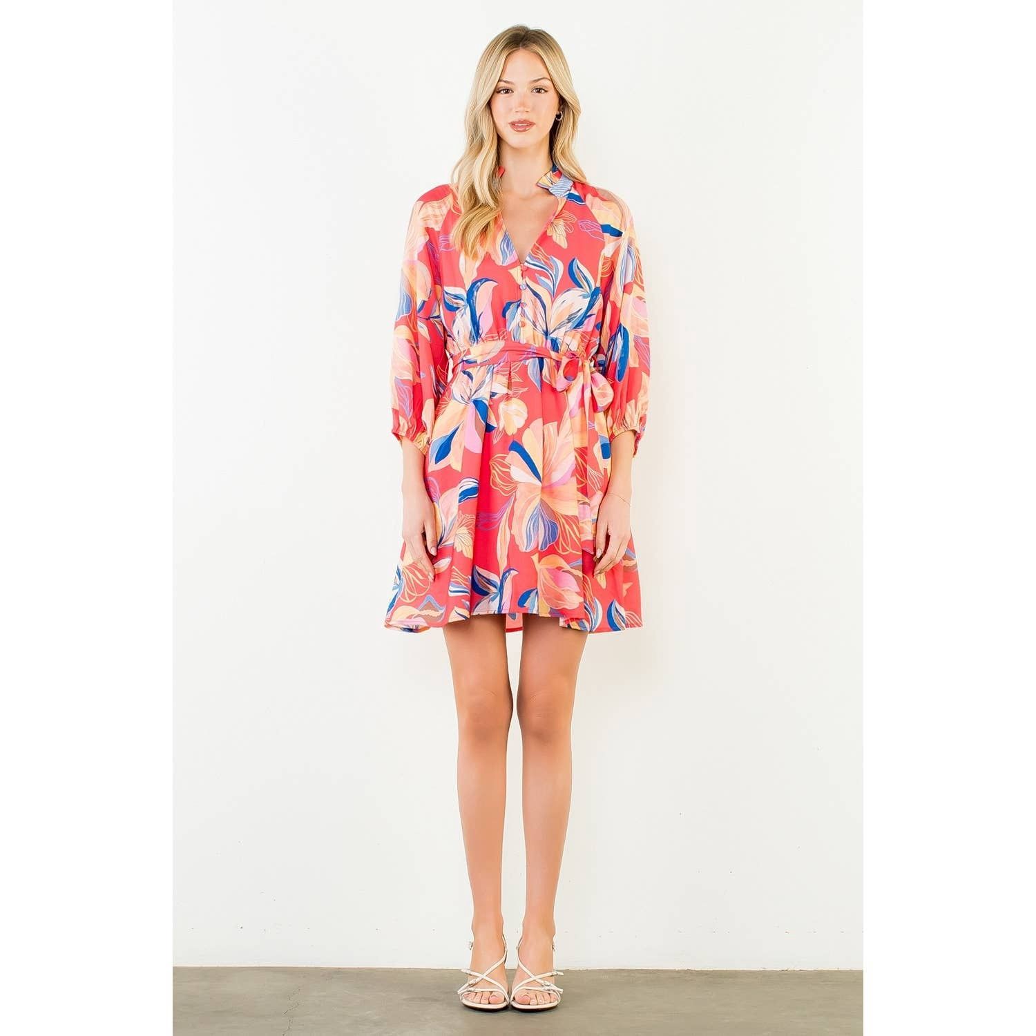 THML Floral Pattern Button Down V-Neck Dress, Size: XS