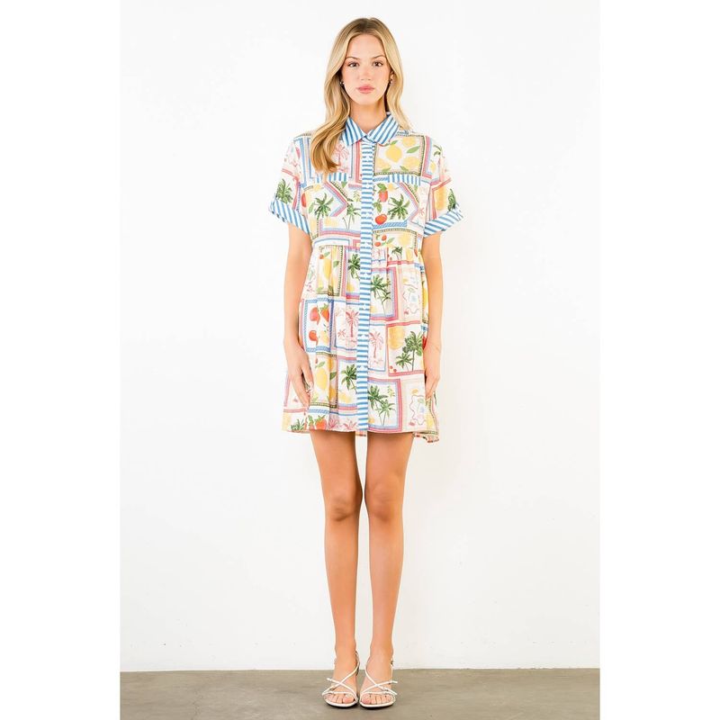 THML Short Sleeve Button Up Tropical Pattern Dress