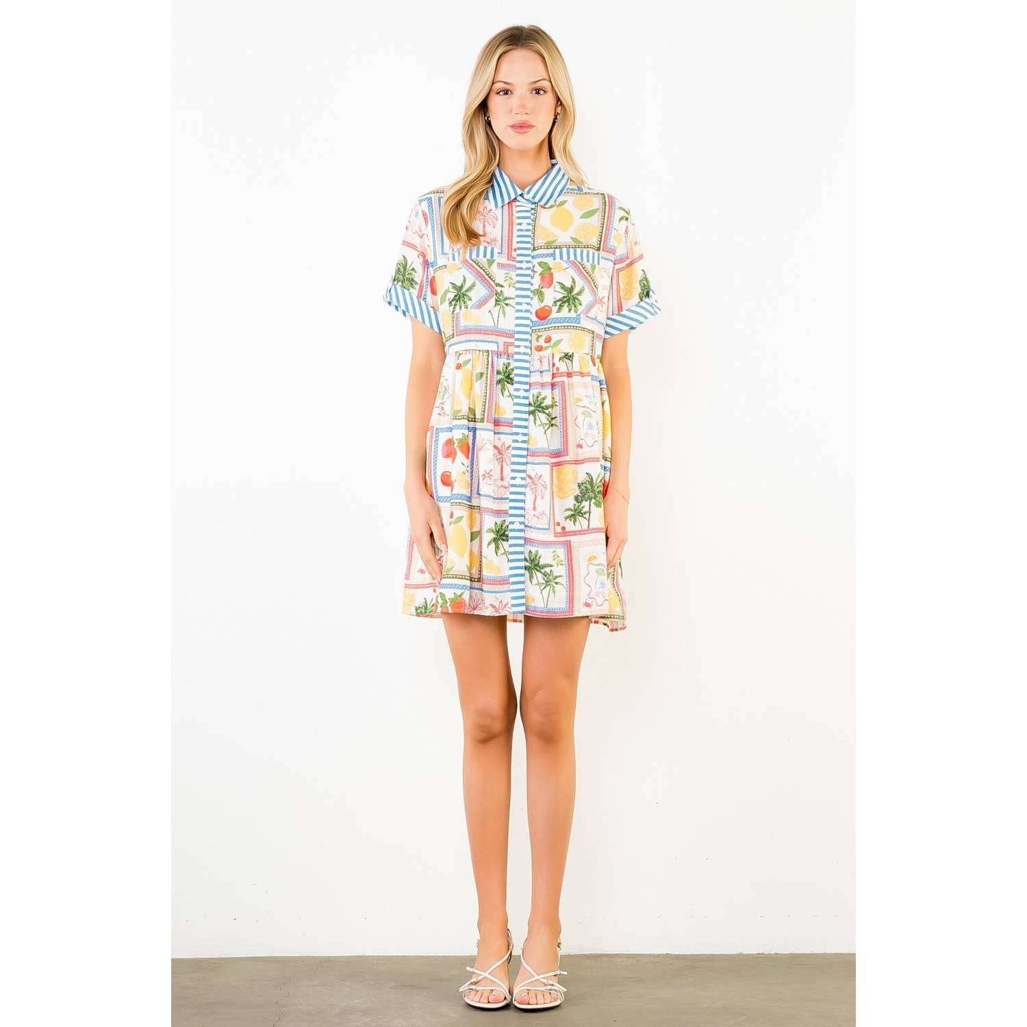 THML Short Sleeve Button Up Tropical Pattern Dress, Color: XS