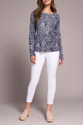 Tribal Printed Cotton Cable Crew Neck Sweater Blue Fog