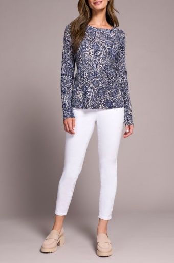 Tribal Printed Cotton Cable Crew Neck Sweater Blue Fog, Size: XS