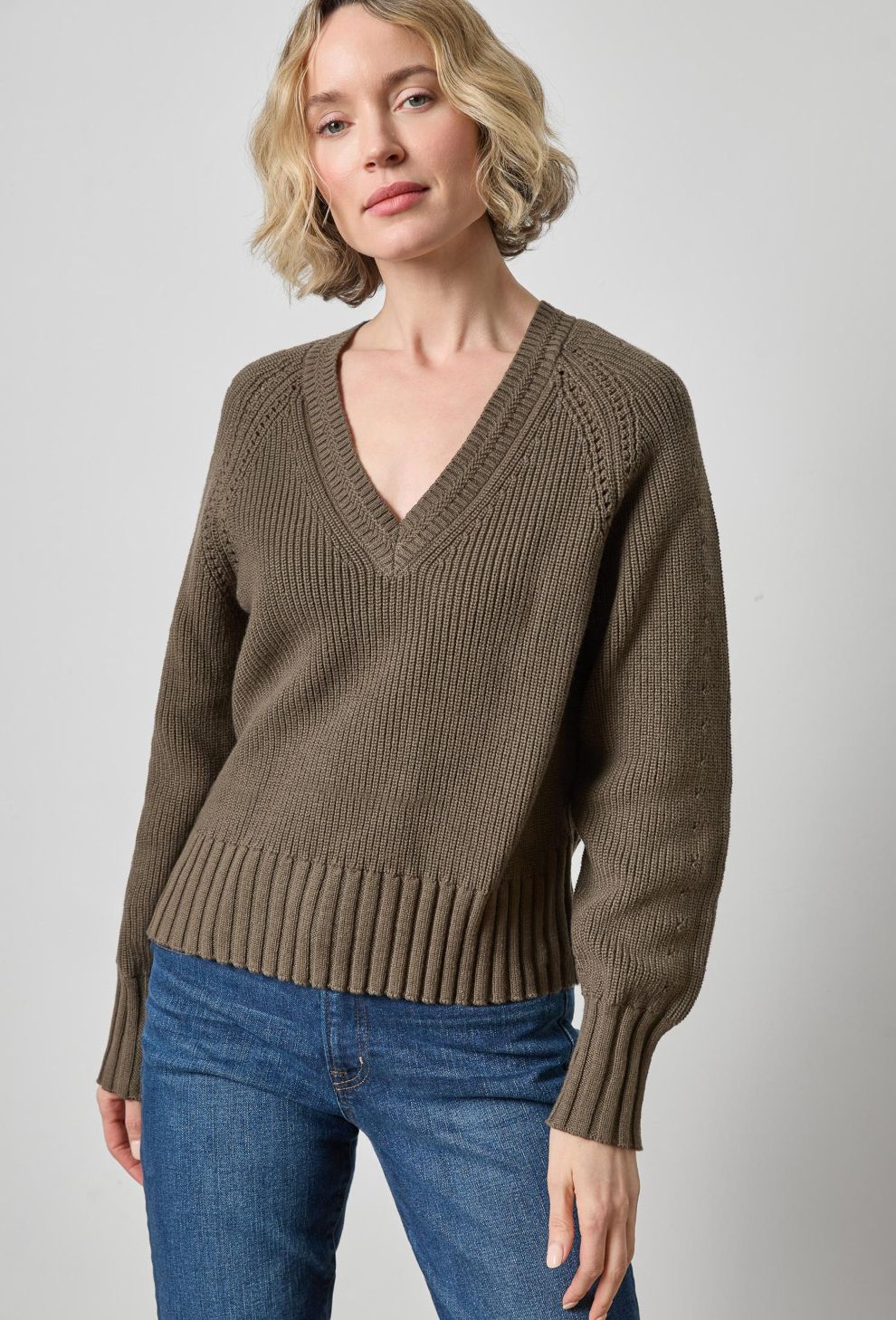Lilla P Textured V-Neck Saddle Sweater : Olive