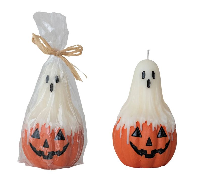 Pumpkin Ghost Candle, Cream, Orange & Black