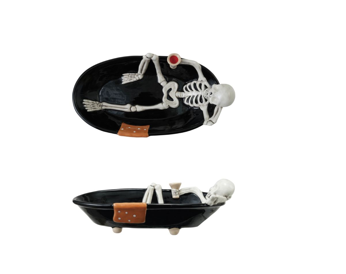 Ceramic Skeleton in Tub Shaped Bowl, Black, White & Orange Color