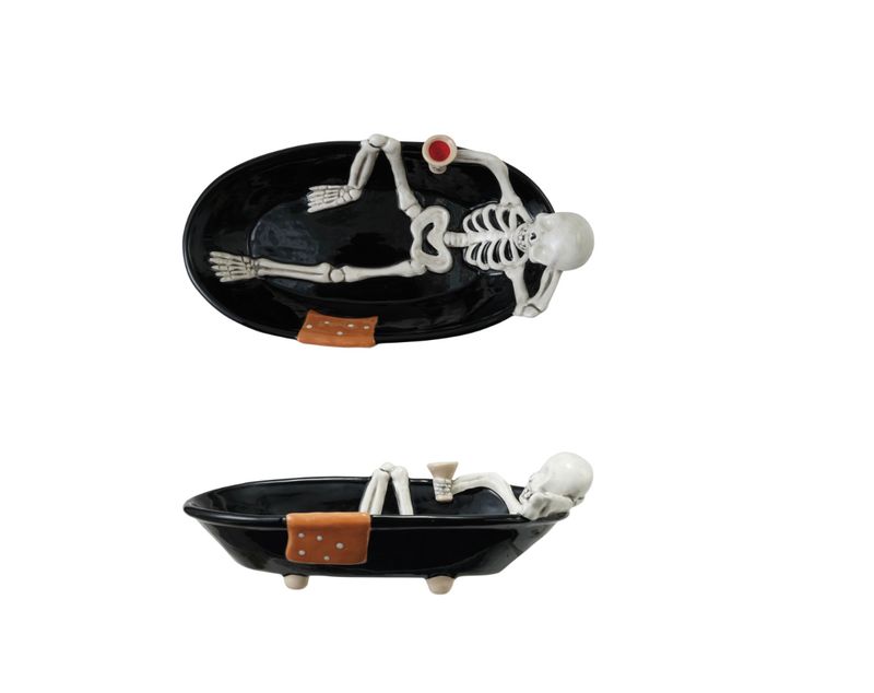 Ceramic Skeleton in Tub Shaped Bowl, Black, White & Orange Color