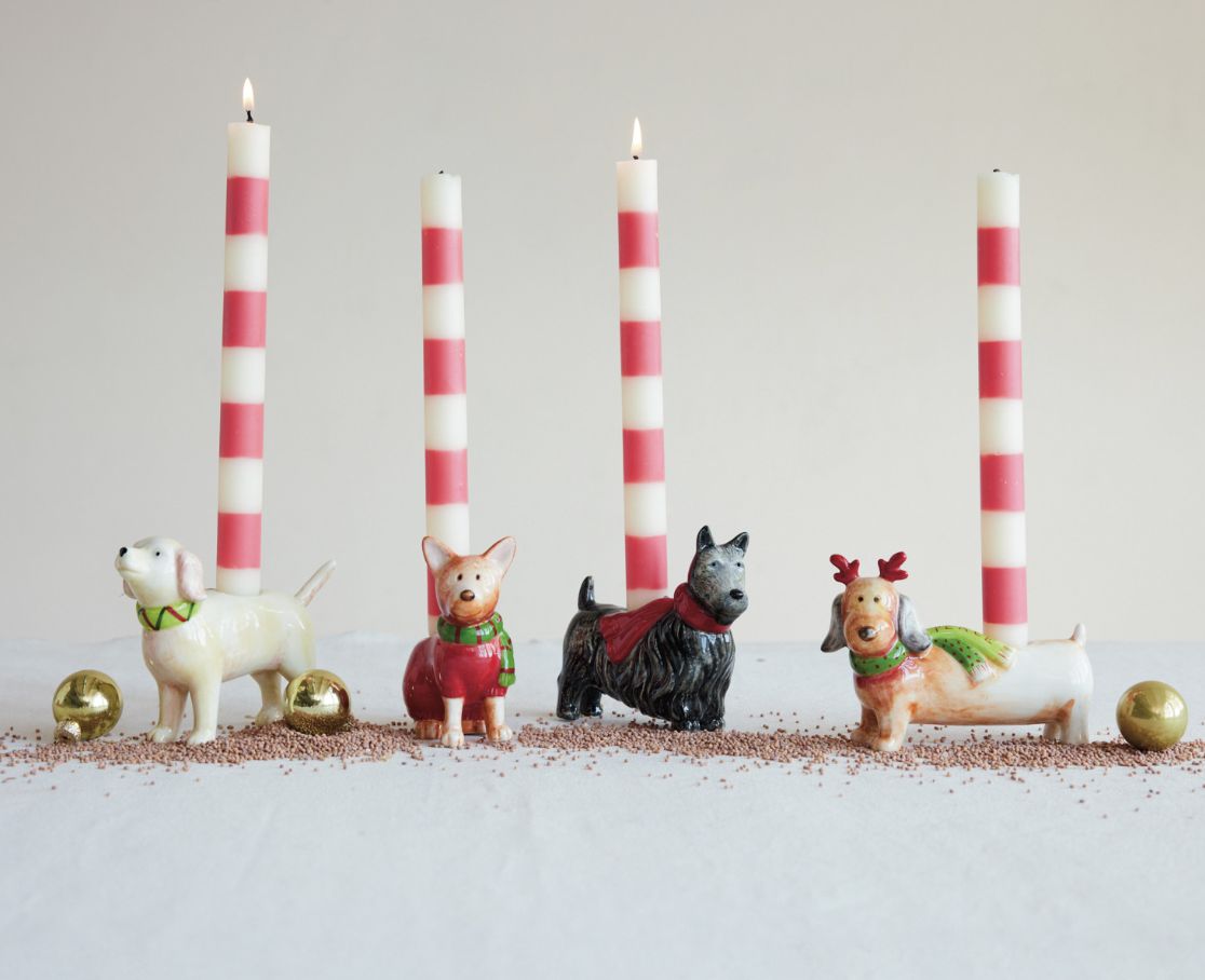 Hand-Painted Stoneware Dog Shaped Taper Holder with Scarf Hand-Painted Stoneware Dog Shaped Taper Holder with Scarf