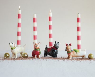 Hand-Painted Stoneware Dog Shaped Taper Holder with Scarf Hand-Painted Stoneware Dog Shaped Taper Holder with Scarf