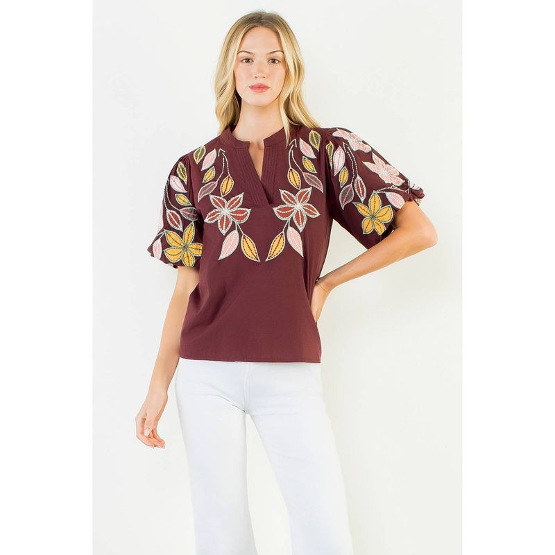 THML Puff Sleeve Embroidery Detail V-Neck Top