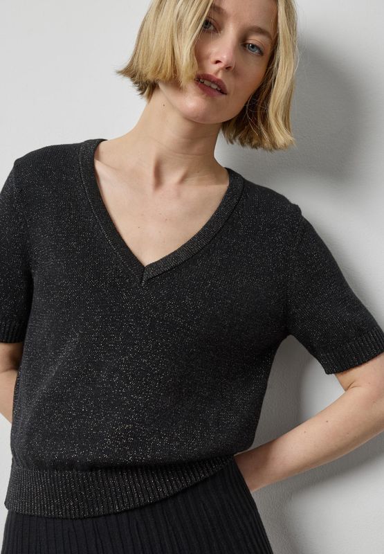 Lilla P Short Sleeve V-Neck Sparkle Sweater Black Sparkle
