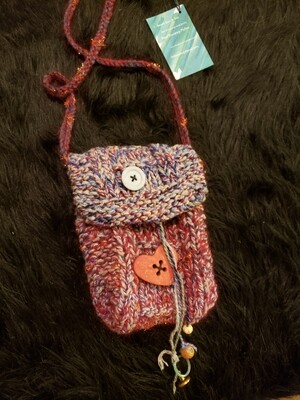 Cell phone satchel with wooden heart button- Knitted Bags by Hazel