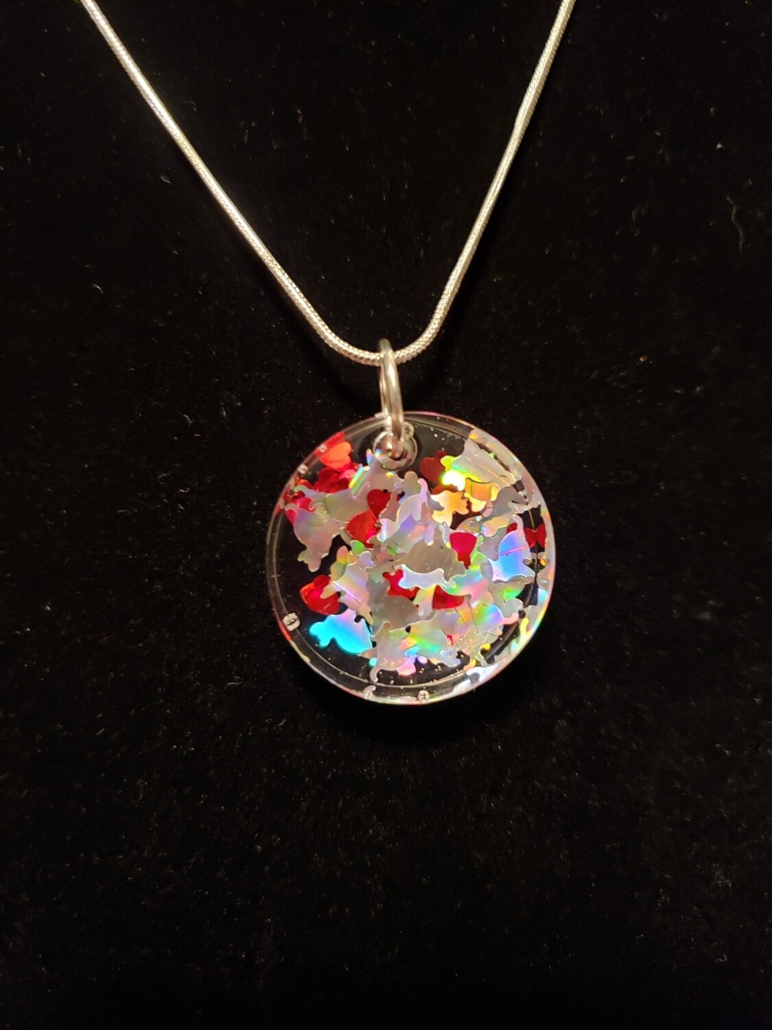 Cat Silver Confetti with Hearts Resin Small Disc Charm on Rope