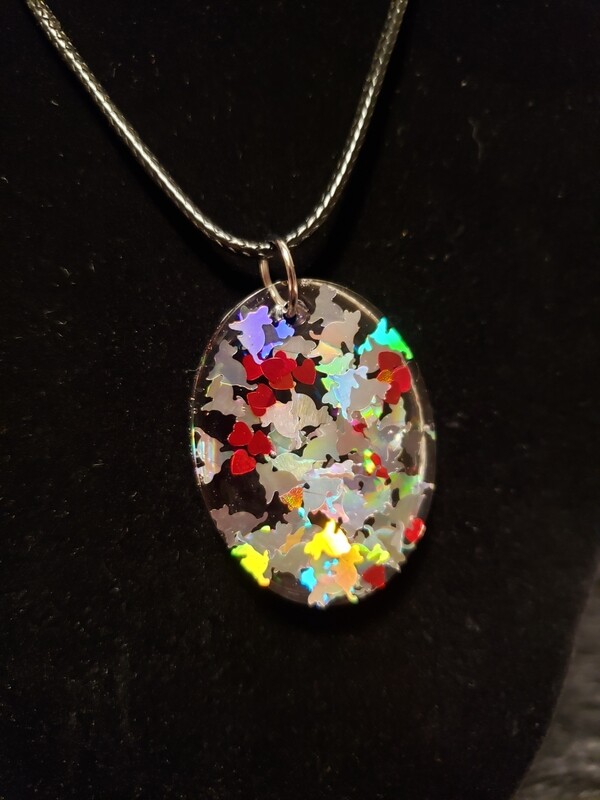 Cat Silver Confetti with Hearts Resin Oval Charm on Rope