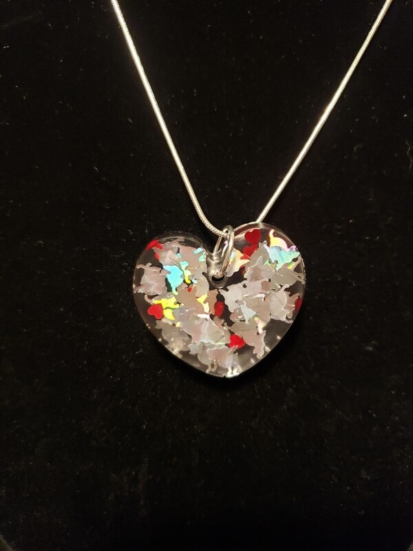 Cat Silver with Hearts Confetti Resin Charm on Chain