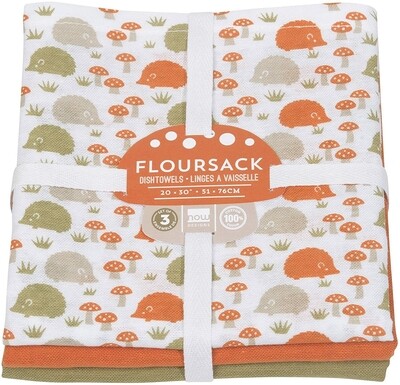 Now Designs Floursack Dishtowels (Set of 3) - Happy Hedgehog/Orange/Green