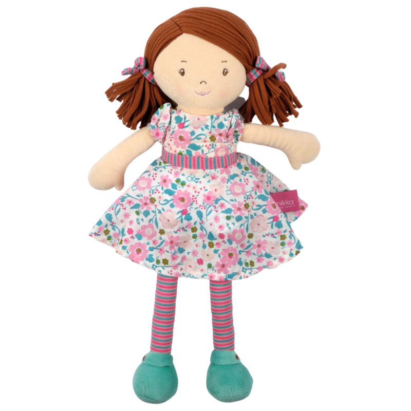 Tikiri Toys | Katy - Dark Brown Hair with Pink &amp; Sea Green Dress