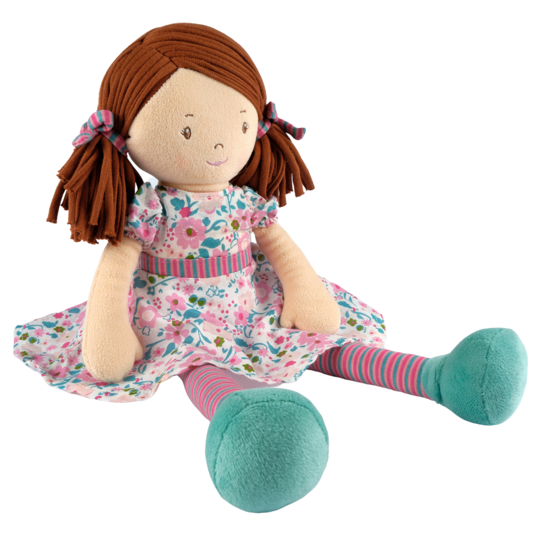 Tikiri Toys | Katy - Dark Brown Hair with Pink & Sea Green Dress