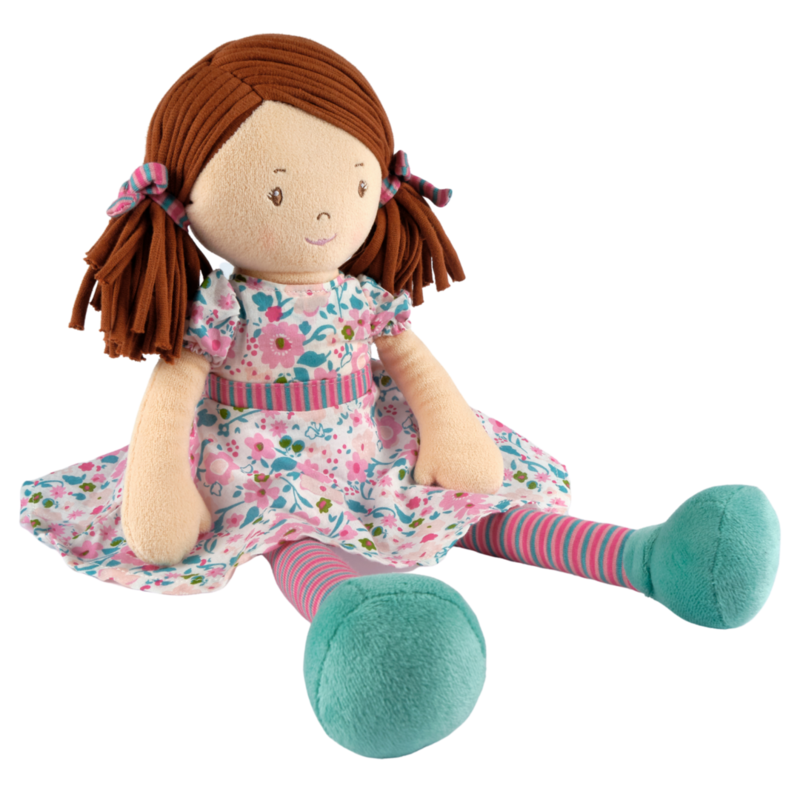 Tikiri Toys | Katy - Dark Brown Hair with Pink &amp; Sea Green Dress
