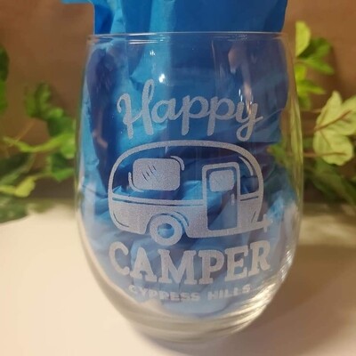 "Happy Camper - Cypress Hills" Stemless Wine Glass