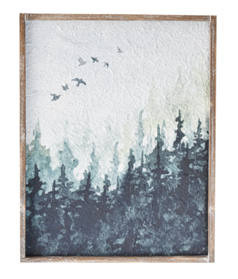 Framed Watercolor Forest with Birds Wall Decor