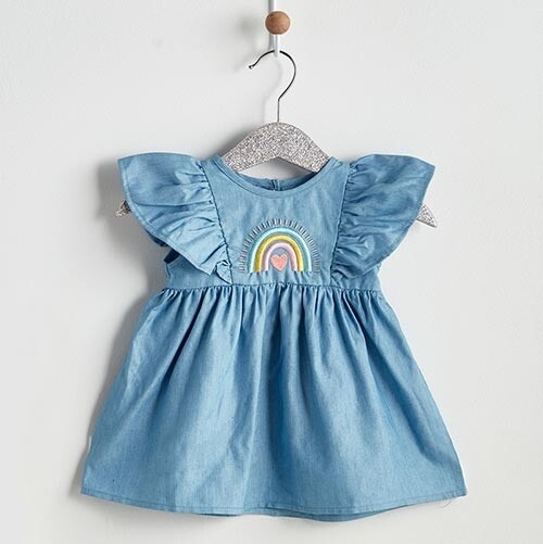 Stephan Baby | Flutter Sleeve Dress - Denim Rainbow (3-6 months)