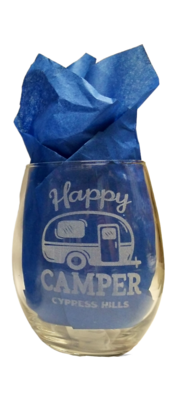 "Happy Camper - Cypress Hills" Stemless Wine Glass