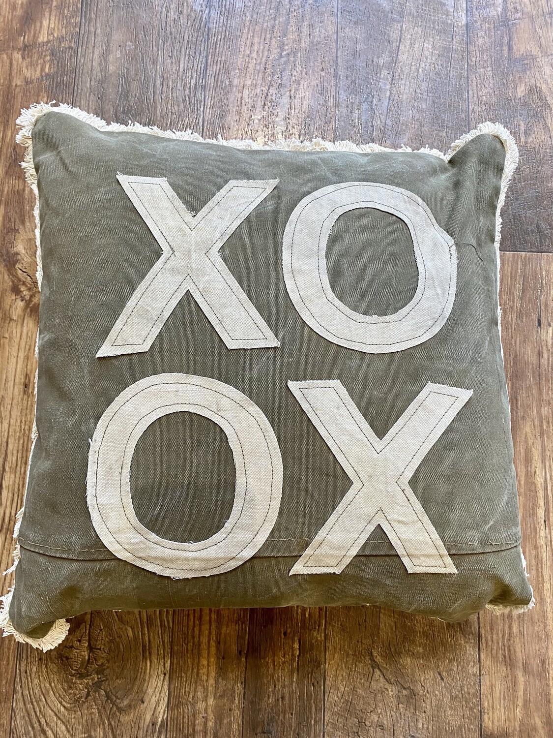 20" Square Recycled Cotton Canvas Pillow XO Applique & Eyelash Fringe