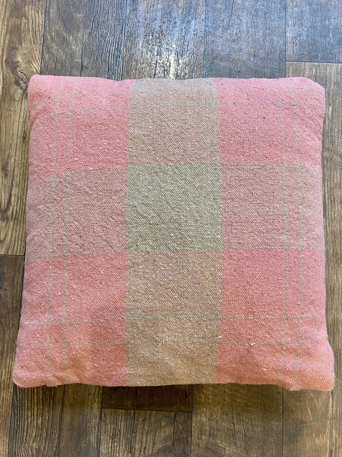 20" Square Woven Recycled Cotton Blend Pink Tan Plaid Pillow