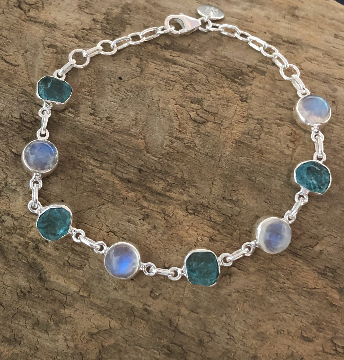 Rough Apatite and Rainbow Moonstone Sterling Bracelet