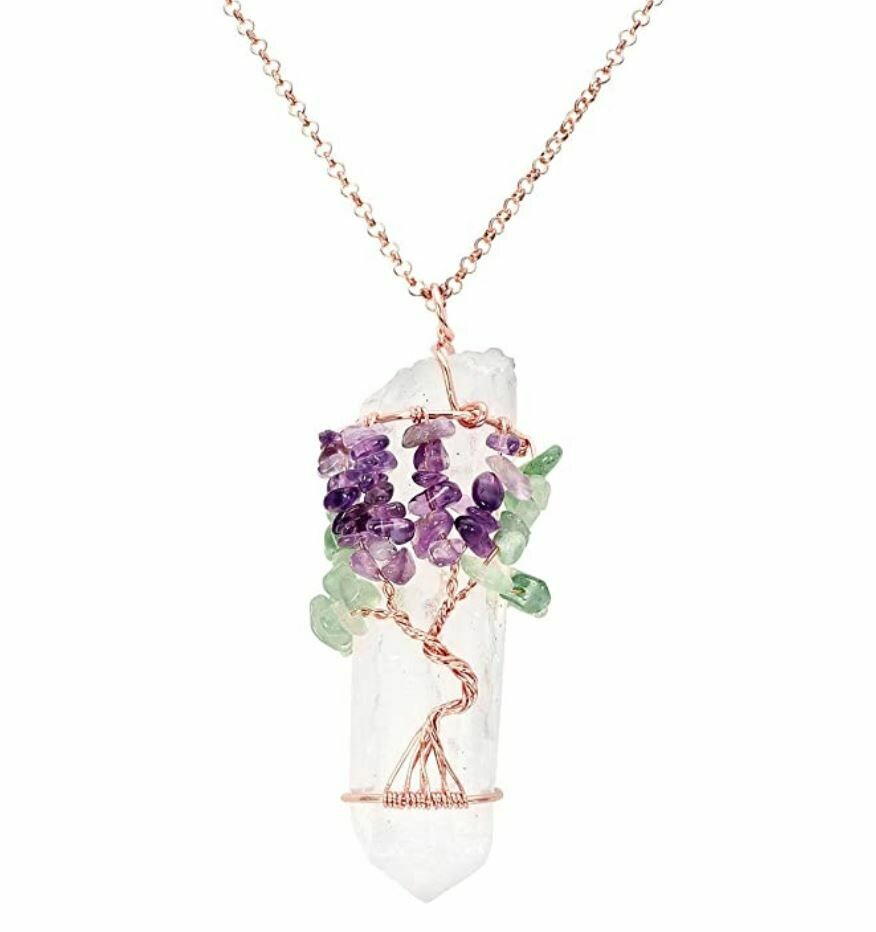 Tree of Life Wire Wrapped Quartz with Aventurine Amethyst Pendant Necklace