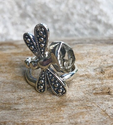 Sterling Silver Dragonfly & Herkimer Diamond Statement Ring 7