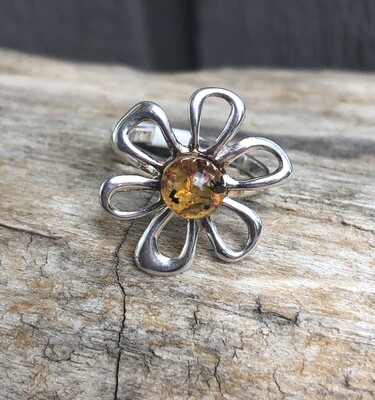 Sterling Silver Baltic Amber Flower Ring